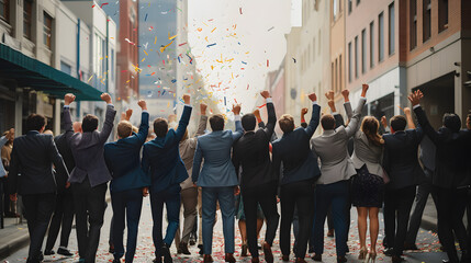 Buisness people celebrating good news with their fists up in the air. happy business audience employees team, job promotion and achievement concept - obrazy, fototapety, plakaty