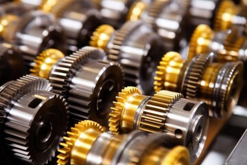 metallic gears of an electric motor displayed in a row