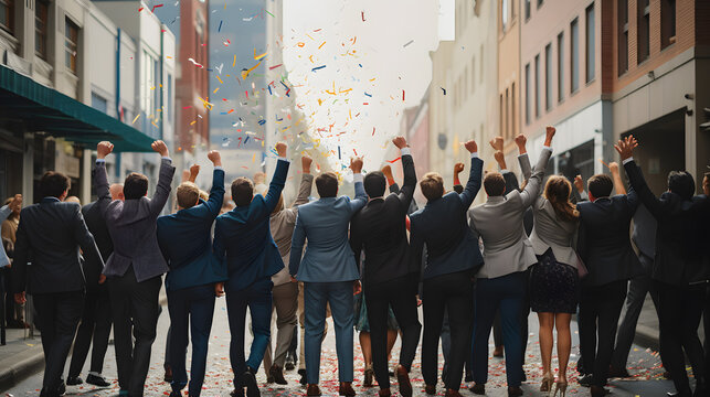Buisness people celebrating good news with their fists up in the air. happy business audience employees team, job promotion and achievement concept