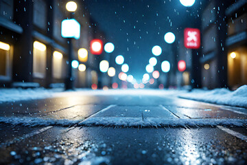 Street at night partly snowed the ground frontal frog view depth of field generative ai - obrazy, fototapety, plakaty
