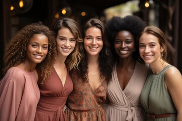 Fototapeta premium beautiful international girls in different dresses with beautiful hairstyles. Stylish curly hairstyle made in a beauty salon. Fashion, cosmetics and makeup. Charming brides.