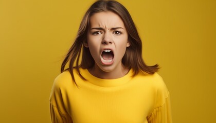 Teenager im gelben Pullover schreit wütend - obrazy, fototapety, plakaty