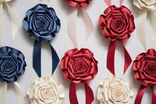 ribbon rosettes against a plain, neutral backdrop