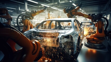 industry of industrial welding robots on the automobile production line is being welded.