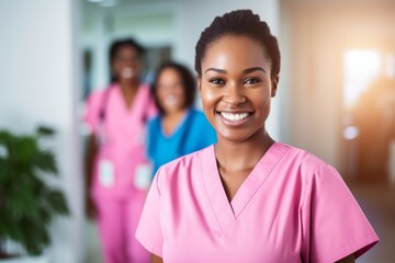 Cheerful black doctor woman in a pink suit on the background of the hospital
