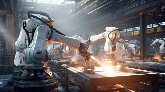 industry of industrial welding robots in production line manufacturer factories.