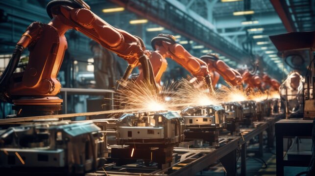industry of industrial welding robots in production line manufacturer factories.