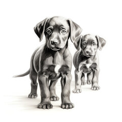 Fototapeta premium Two Cute Puppies in Black and White Graphic Isolated on White Background