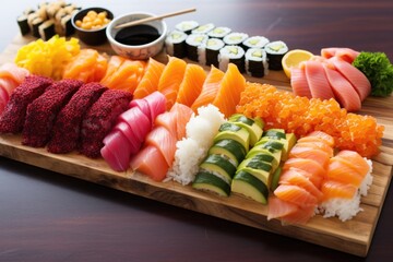 variety of sushi neatly arranged on a serving board