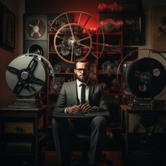A man sitting infront of a reel to reel tape recorder. - obrazy, fototapety, plakaty