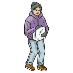 Person building igloo in winter by snow, engaging in seasonal activity. Creative construction of ice shelter, embracing cold season