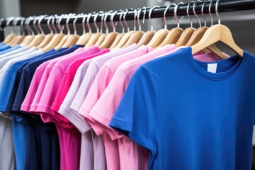 alternating pink and blue t-shirts hanging on a rack