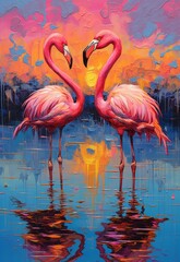 Vibrant flamingos gracefully wade in a shallow lake beneath the pink hues of the sky.