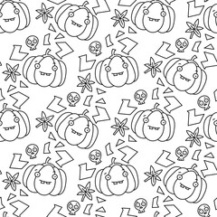 Vector pattern of pumpkin skull leaves and graphic elements on white background