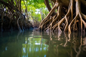 mangrove forest roots intertwining over water - obrazy, fototapety, plakaty