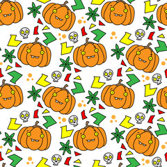Colorful vector pattern of pumpkin skull leaves and graphic elements on white background