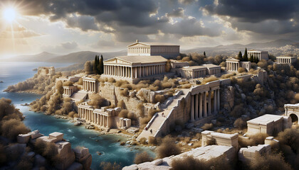 cinematic view of an ancient large greek city on the coast with a large acropolis building in the middle - obrazy, fototapety, plakaty