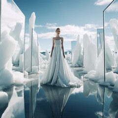 High fashion symmetrical editorial portrait shoot in ice arctic area of a supermodel wearing a long flow modern wedding dress