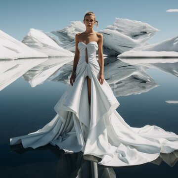 An editorial photoshoot in the icy Arctic region captures a supermodel in a high-fashion, symmetrical portrait wearing an elegant, flowing modern wedding dress.