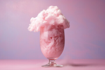 Delicate cotton candy in a glass goblet on a pink background