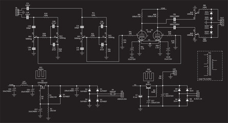Schematic diagram of electronic device.
Vector drawing electrical circuit with capacitor, lamp, diode,
transistor, resistor, transformer, coil
and other electronic components.