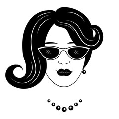 Black and white illustration of a glamorous girl on a white background