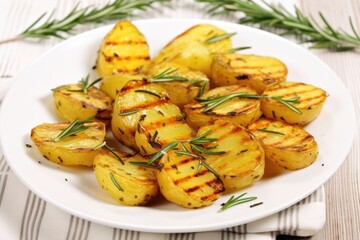 Naklejka na ściany i meble grilled potatoes with rosemary sprigs on a white plate