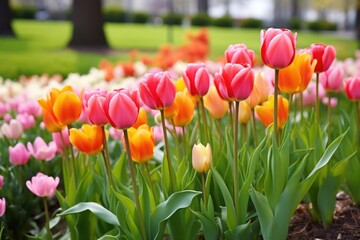 a crowded patch of tulips in spring