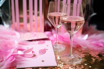 hen party invitations with pink feathers and champagne glass details