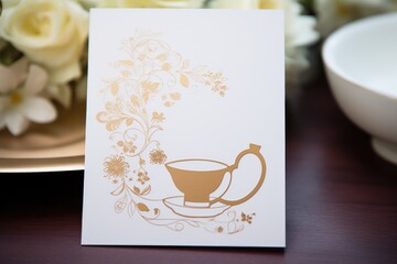 closeup of an elegant tea party invitation with teapot motif