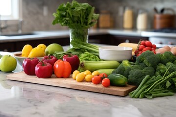 a kitchen countertop with assorted fresh fruit and vegetables
