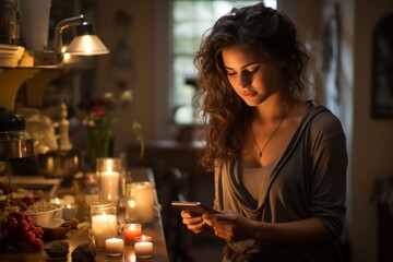Portrait of a beautiful girl using a smartphone while sitting at home, her face illuminated by the light of the screen. A cute woman smiles and browses the Internet.