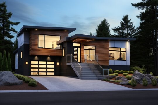 front view of a modern split-level home