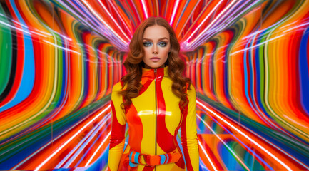 Woman dressed up in bright colors standing in a neon tunnel.