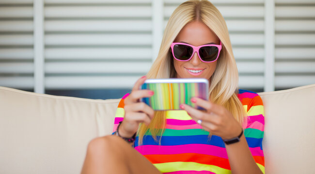 Blond woman sitting on couch and looking at colorful cell phone.