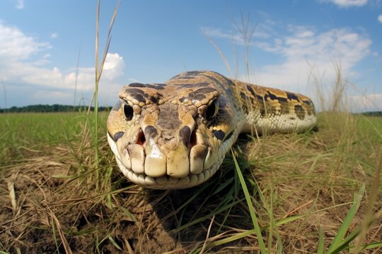 a burmese python slithering through grasslands