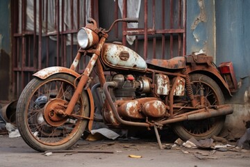 a rusty old bicycle next to a motorbike