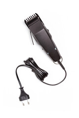 Professional hair clipper isolated on white background. Top view of the electric black hair clipper, closeup