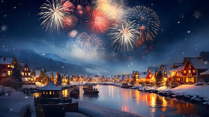 Christmas fireworks over snowy village, new year's eve celebration