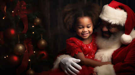 Fototapeta na wymiar Cute smiling african girl sitting on santa claus's lap near christmas tree.