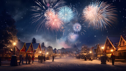 Snowy town fireworks display, new year's eve celebration - obrazy, fototapety, plakaty