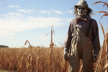a scarecrow standing in a deserted field - obrazy, fototapety, plakaty