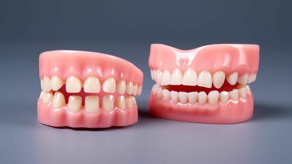 Dentures Dental care prosthetic 3D Illustration. Front view of complete denture. Dentistry conceptual photo. False teeth.