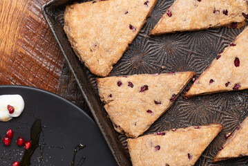 Pomegranate scones, freshly baked.  Whole-wheat, pomegranate scones just out of the oven.