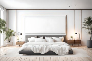 illustration of stylish modern white bedroom with cozy bed and empty frame on wall 