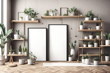 empty frame inside building Picture frame mockup in room and shelves with plants and decorations 