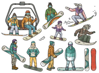 Group of people in various snowboarding poses, participating in exhilarating winter sport. Season activity and competitions. Dynamic winter action and outdoor fun. Snowboard elements for design