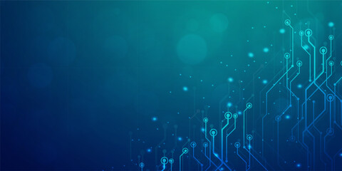 Digital technology banner blue green background concept, cyber technology light effect, abstract tech, innovation future data, internet network, Ai big data, lines dots connection, illustration vector - obrazy, fototapety, plakaty