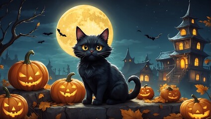 illustration Halloween, pumpkin, dark, moon, background, orange