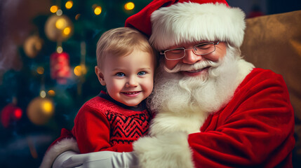 Fototapeta na wymiar Portrait of Santa Claus with little cute girl near Christmas tree at home